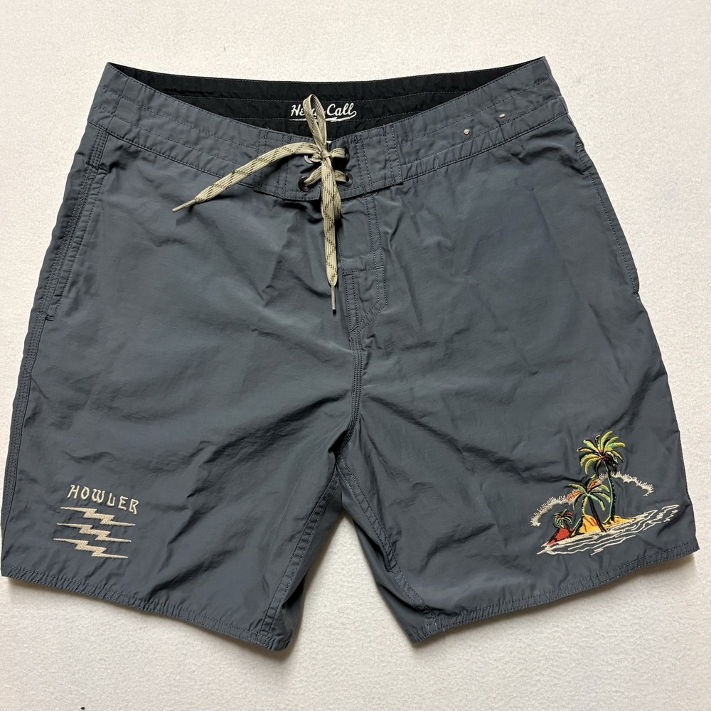 Howler Brothers Boardshorts Mens 32 Croatan Gray Embroidered Heed The Call Swim